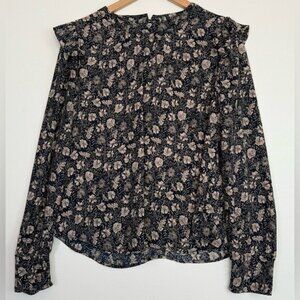 EVEREVE Floral Blouse Long Sleeve Top Blouse Ruffle Shoulder Fall Navy/Tan Sz M